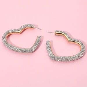 18K Gold Dipped Rhinestone Studded Heart Hoop Statement Earrings